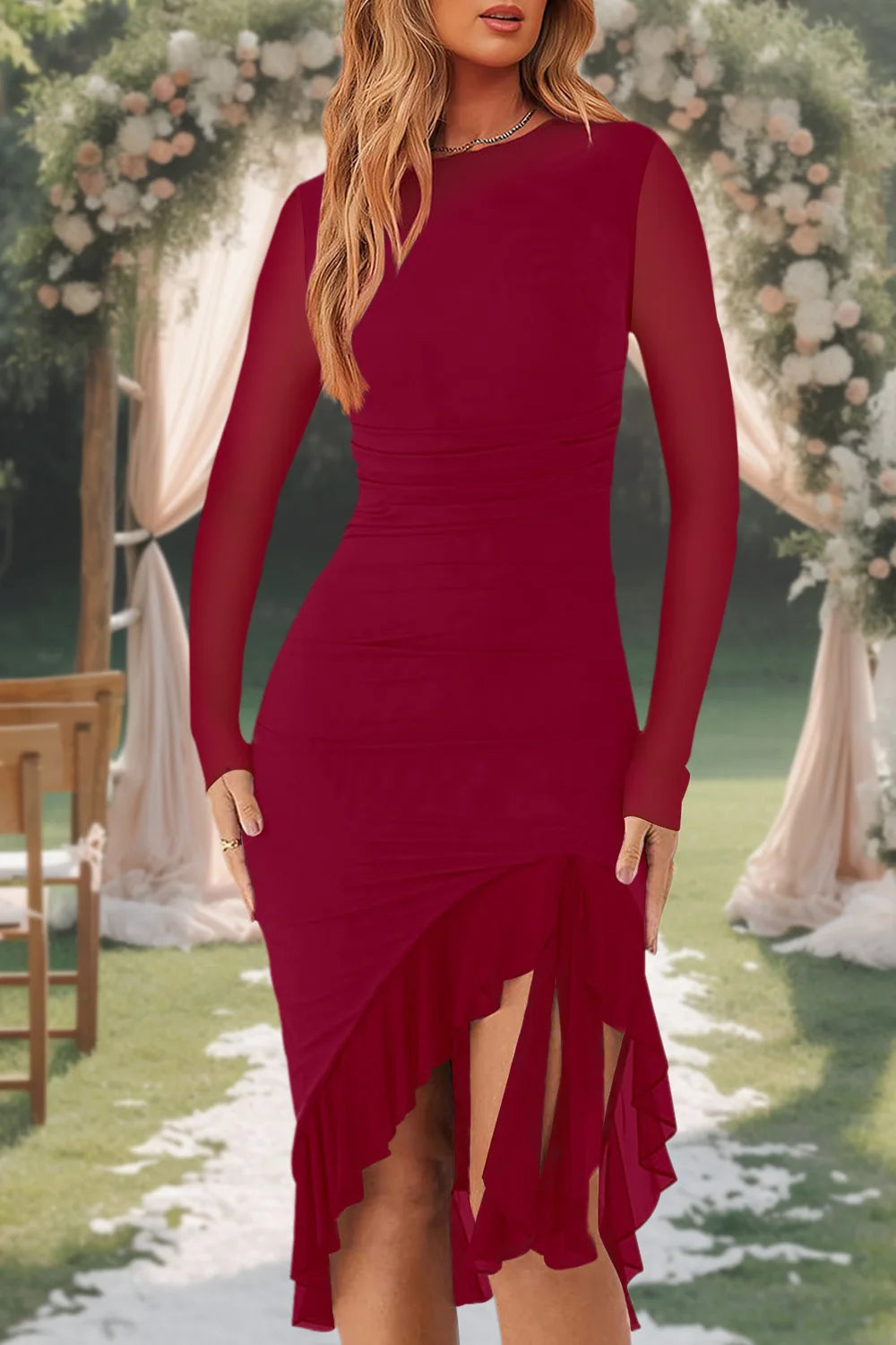 Women's Ruffle Hem Bodycon Midi Dress Mesh Long Sleeve Wedding Guest Long Dress Cocktail Party Dress Sexy Ruched  Dresses