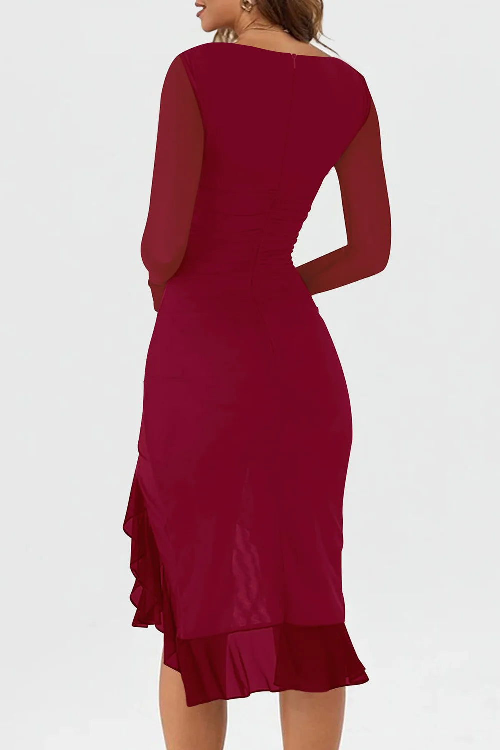 Women's Ruffle Hem Bodycon Midi Dress Mesh Long Sleeve Wedding Guest Long Dress Cocktail Party Dress Sexy Ruched  Dresses