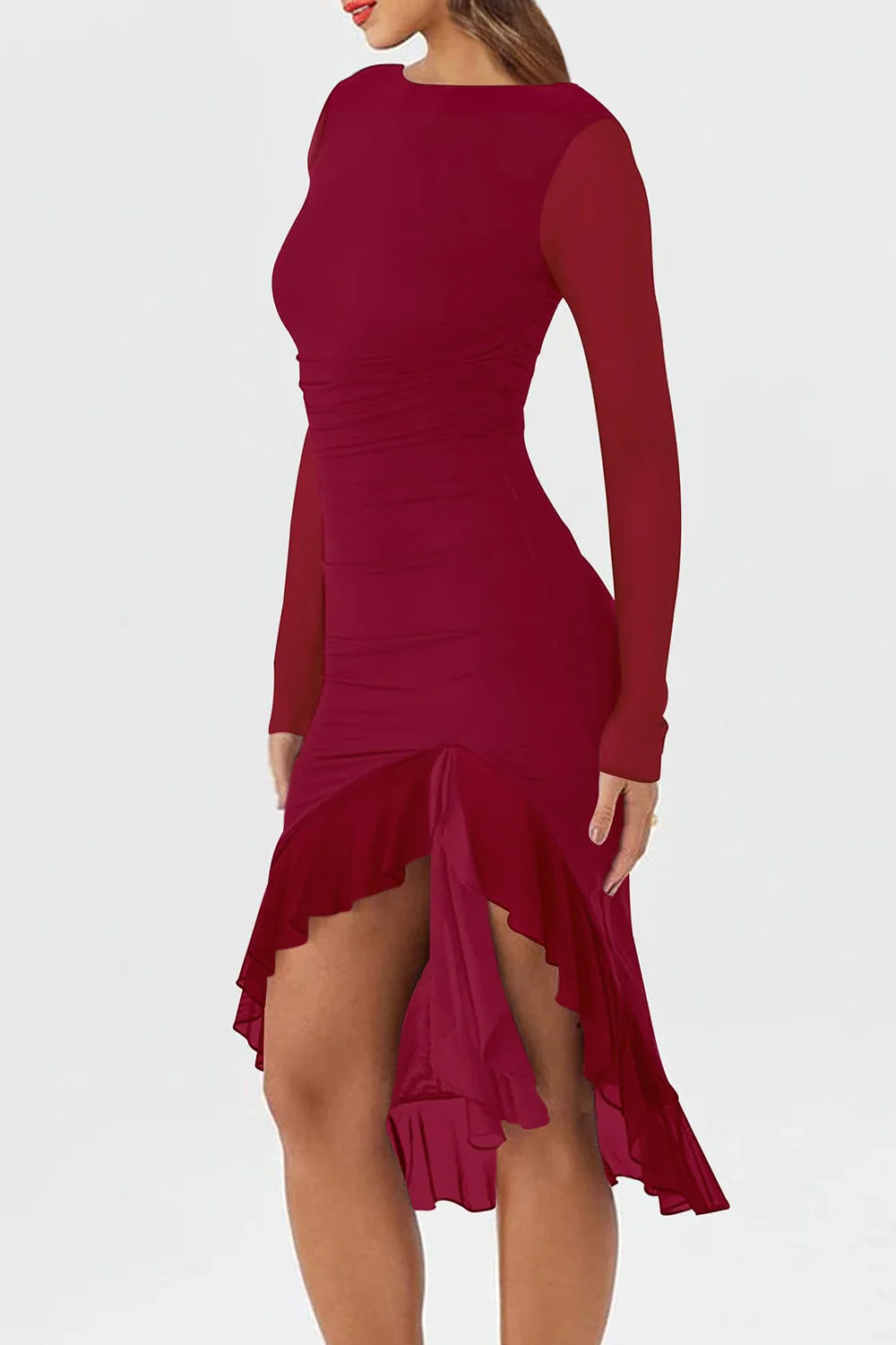 Women's Ruffle Hem Bodycon Midi Dress Mesh Long Sleeve Wedding Guest Long Dress Cocktail Party Dress Sexy Ruched  Dresses