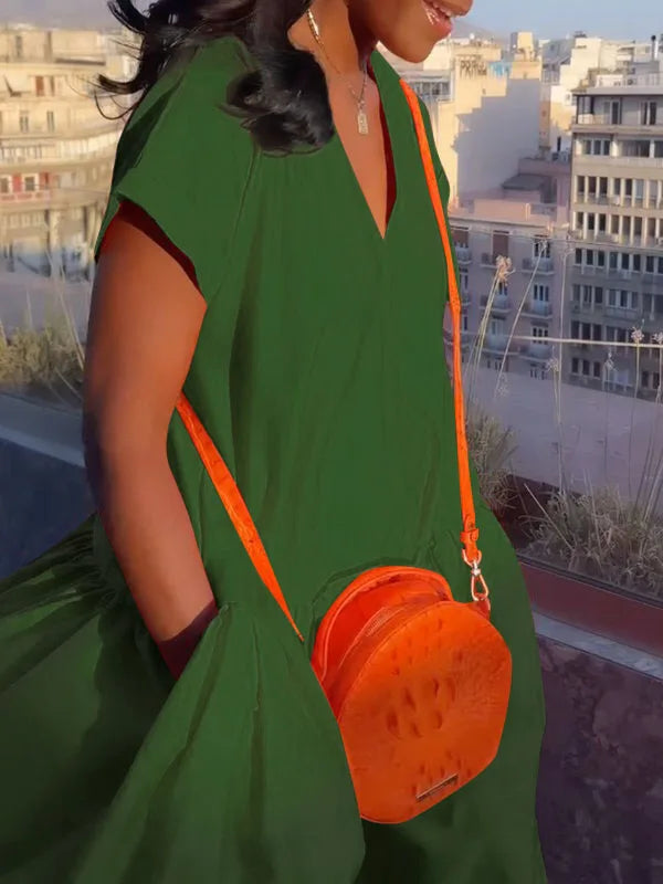 Women's Green Casual Dress V-neck Short Sleeves Split-joint A-line Orange Vacation Loose Floor Length Party Dresses