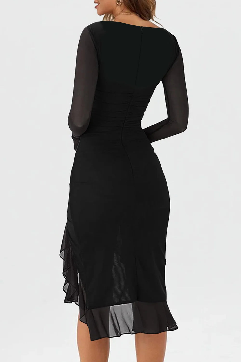 Women's Ruffle Hem Bodycon Midi Dress Mesh Long Sleeve Wedding Guest Long Dress Cocktail Party Dress Sexy Ruched  Dresses