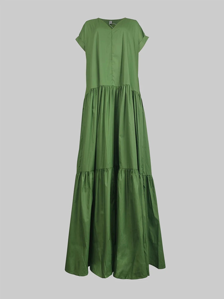 Women's Green Casual Dress V-neck Short Sleeves Split-joint A-line Orange Vacation Loose Floor Length Party Dresses