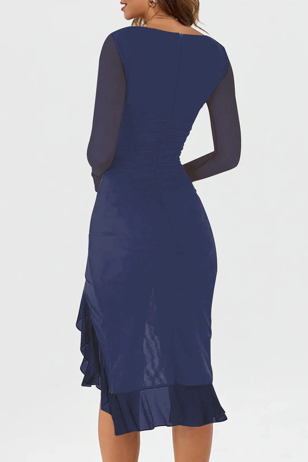 Women's Ruffle Hem Bodycon Midi Dress Mesh Long Sleeve Wedding Guest Long Dress Cocktail Party Dress Sexy Ruched  Dresses