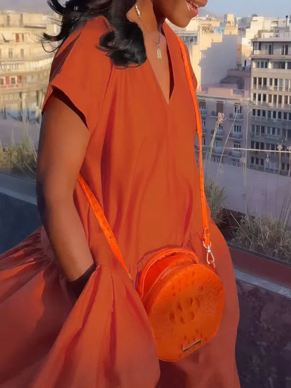 Women's Green Casual Dress V-neck Short Sleeves Split-joint A-line Orange Vacation Loose Floor Length Party Dresses