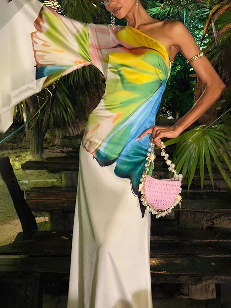 Female Stylish Flower Print One-Shoulder Party Evening Maxi Dresses 2025 New Asymmetric High Waist A-line Long Dress