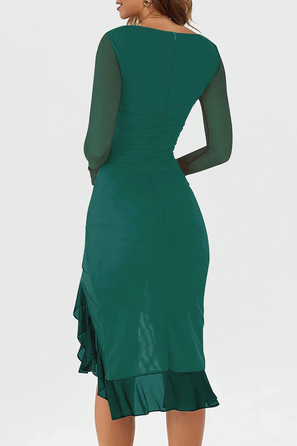 Women's Ruffle Hem Bodycon Midi Dress Mesh Long Sleeve Wedding Guest Long Dress Cocktail Party Dress Sexy Ruched  Dresses