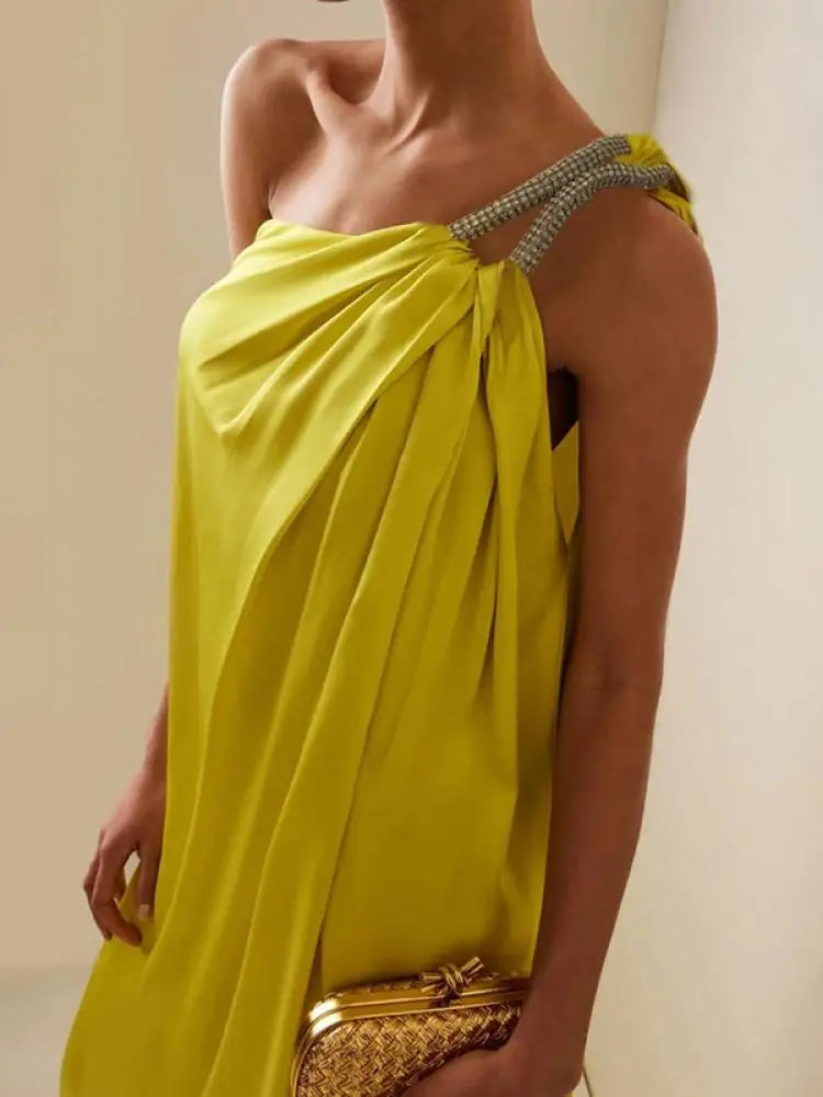 Women Fashion One-Shoulder Split-Side Halter Prom Dress 2024 New Summer Sleeveless Pleated Party Evening Dresses