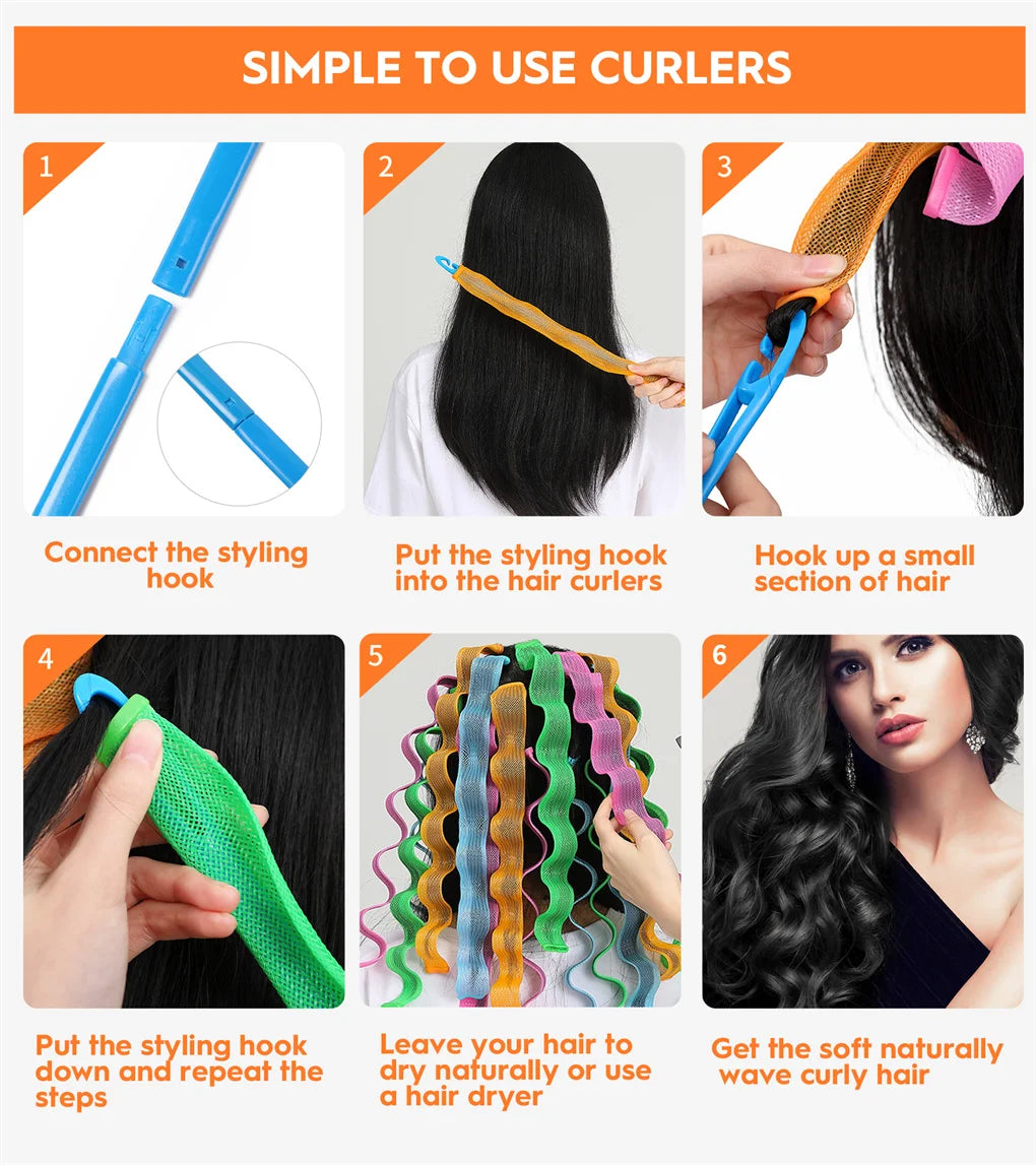30PCS Heatless Hair Curlers Wave Curls Styling Kit with 2 Pcs Styling Hooks, No Heat Hair Curlers for Women Girls 55/45/30CM