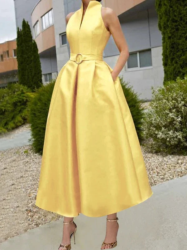 2025 New Women's Solid Color Belted Party A-line Dress Summer Sleeveless High Waist Pleated Elegant Evening Maxi Dresses