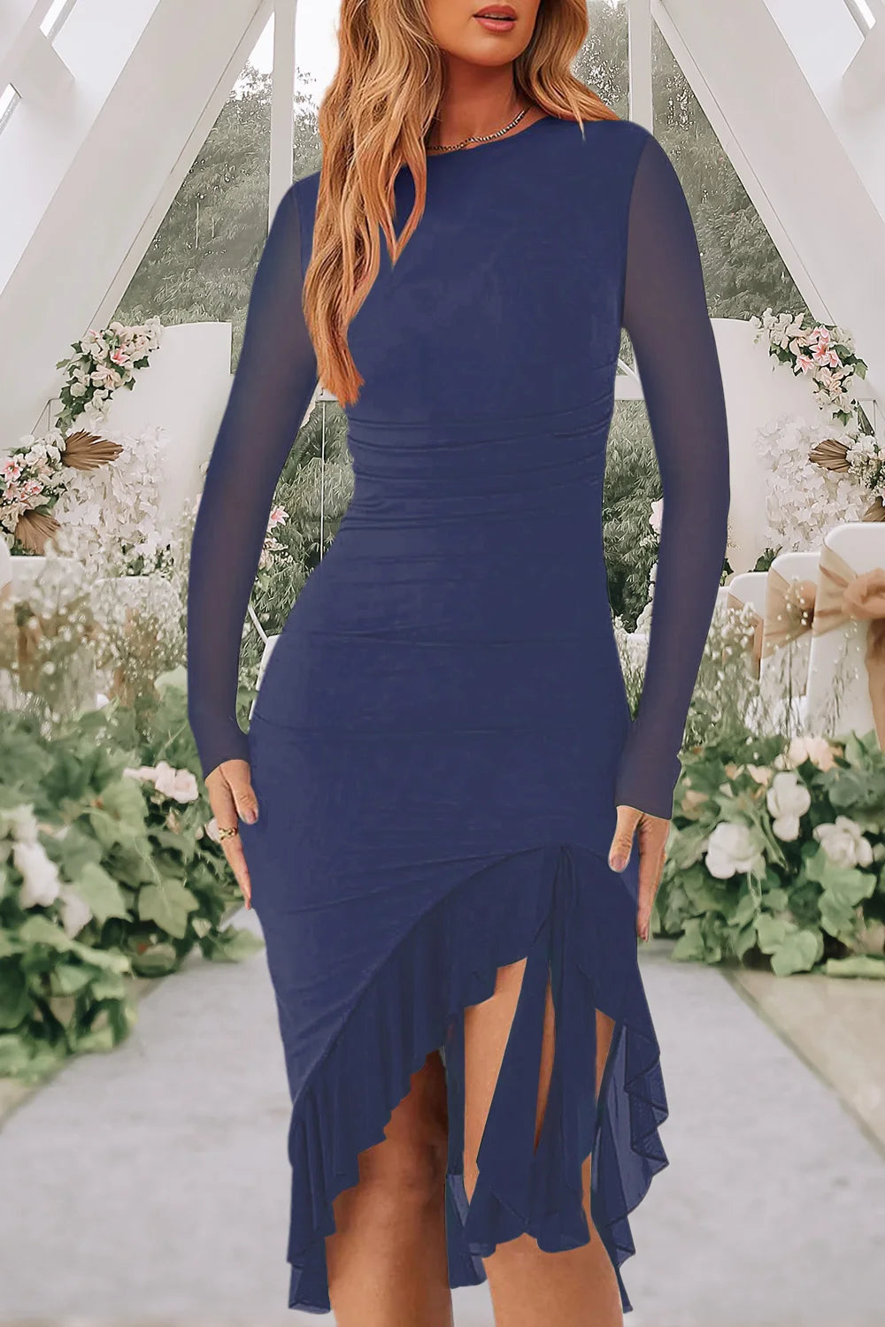 Women's Ruffle Hem Bodycon Midi Dress Mesh Long Sleeve Wedding Guest Long Dress Cocktail Party Dress Sexy Ruched  Dresses