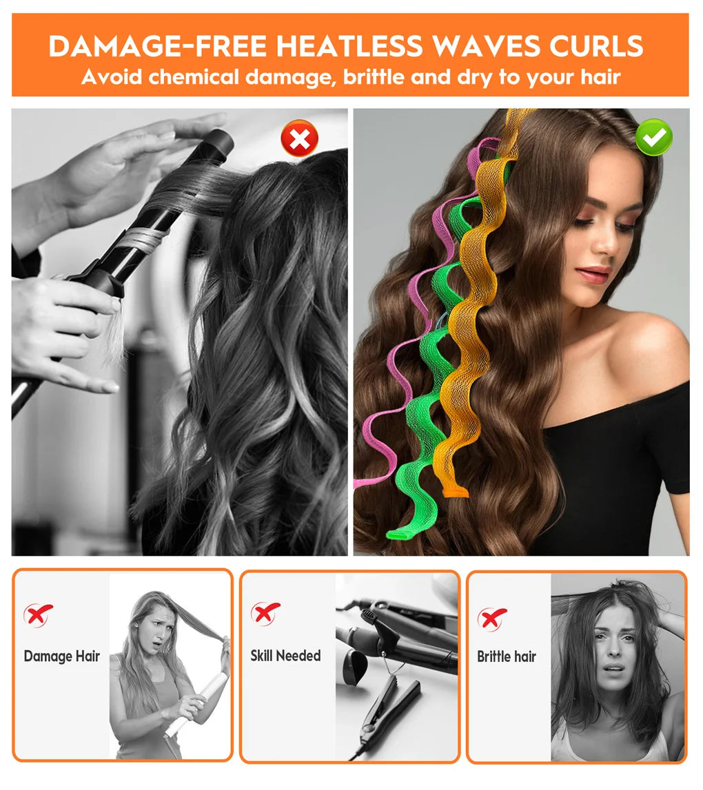30PCS Heatless Hair Curlers Wave Curls Styling Kit with 2 Pcs Styling Hooks, No Heat Hair Curlers for Women Girls 55/45/30CM