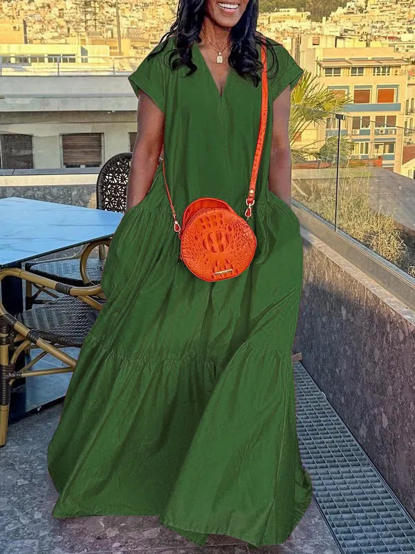 Women's Green Casual Dress V-neck Short Sleeves Split-joint A-line Orange Vacation Loose Floor Length Party Dresses