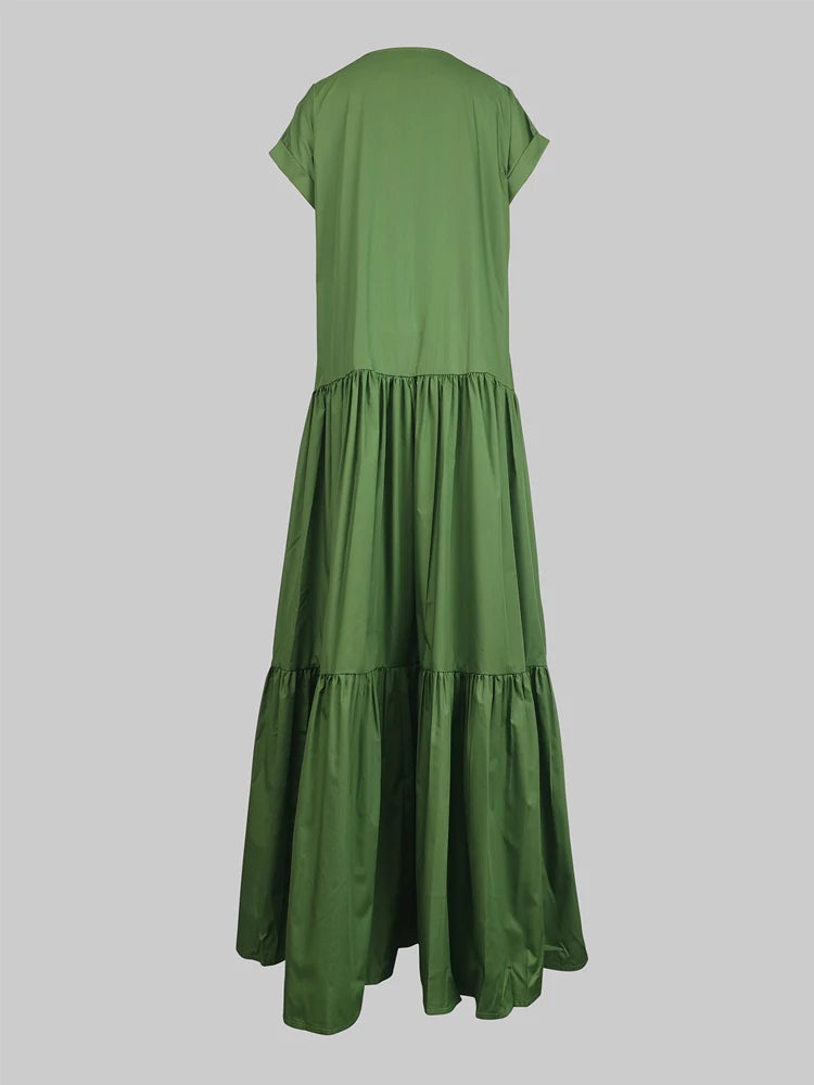 Women's Green Casual Dress V-neck Short Sleeves Split-joint A-line Orange Vacation Loose Floor Length Party Dresses