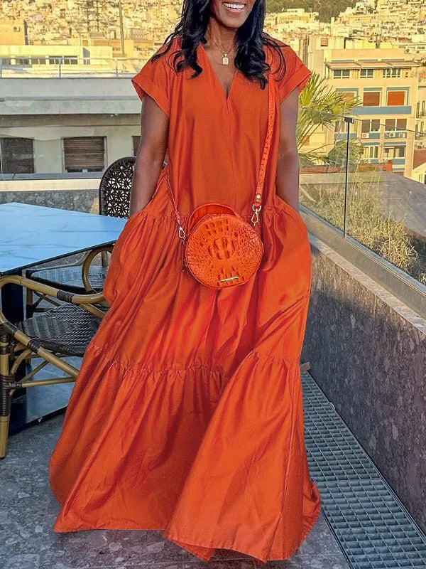 Women's Green Casual Dress V-neck Short Sleeves Split-joint A-line Orange Vacation Loose Floor Length Party Dresses