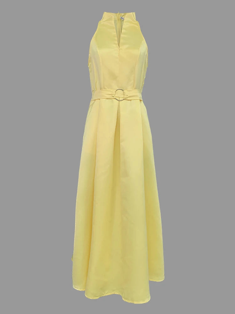 2025 New Women's Solid Color Belted Party A-line Dress Summer Sleeveless High Waist Pleated Elegant Evening Maxi Dresses